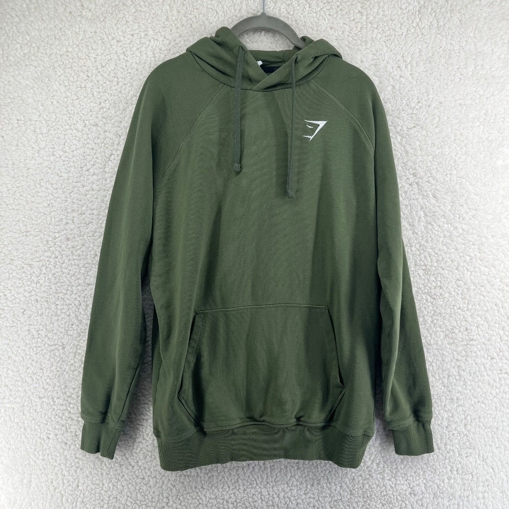 Gymshark Mens Hoodie S Green Pullover Fleece Lined Logo Kangaroo Pocket Athletic